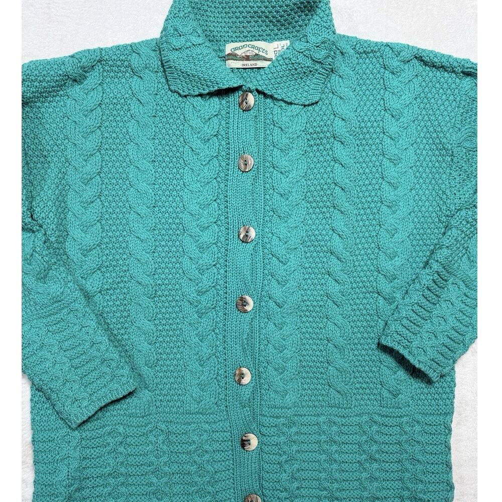 Aran Crafts Vtg Merino Wool Cardigan Teal Aqua Collared Cabincore Unisex Sz Lg